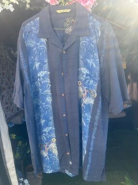 Tommy Bahama Navy and Blue Palm-Print Camp Shirt